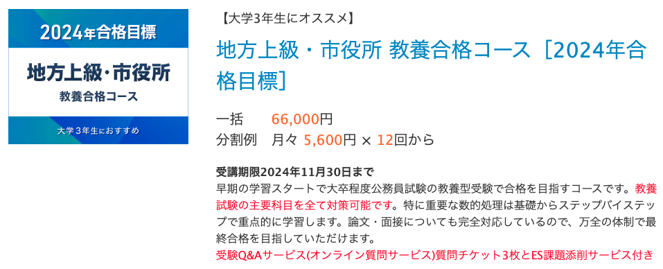 【大学3年生にオススメ】
地方上級・市役所 教養合格コース［2024年合格目標］
一括	66,000円
分割例	月々 5,600円 × 12回から　　
受講期限2024年11月30日まで
早期の学習スタートで大卒程度公務員試験の教養型受験で合格を目指すコースです。教養試験の主要科目を全て対策可能です。特に重要な数的処理は基礎からステップバイステップで重点的に学習します。論文・面接についても完全対応しているので、万全の体制で最終合格を目指していただけます。
受験Q&Aサービス(オンライン質問サービス)質問チケット3枚とES課題添削サービス付き